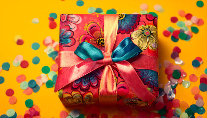 Fototapeta premium gift, box, ribbon, birthday, happy, new, closeup, card, invitation, present, holiday, confetti, with, decoration, bow, floral, red, color, yellow, on, background, top, view, celebration, anniversary, 