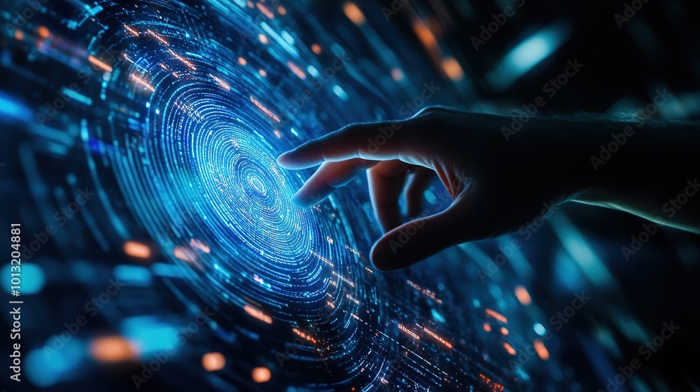 Poster hand touching a spinning data flow, data flow processing visualization background
