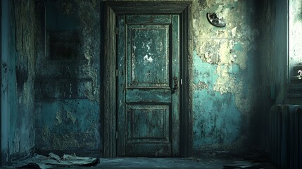 An old, weathered wooden door in a derelict room with peeling paint and a hint of light from a window.