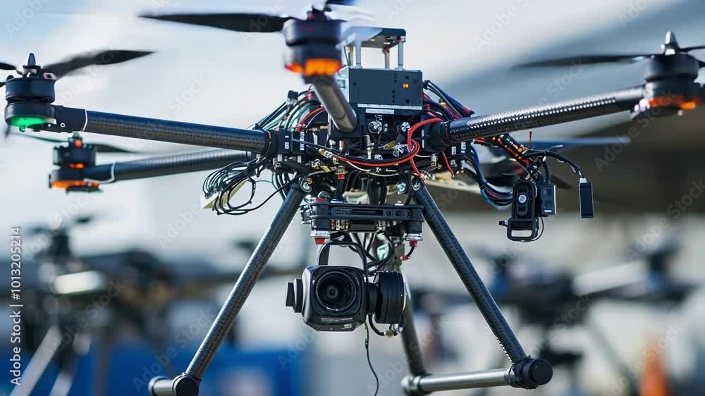 Poster large professional drone with eight rotors is shown hovering with a high quality camera attached, it