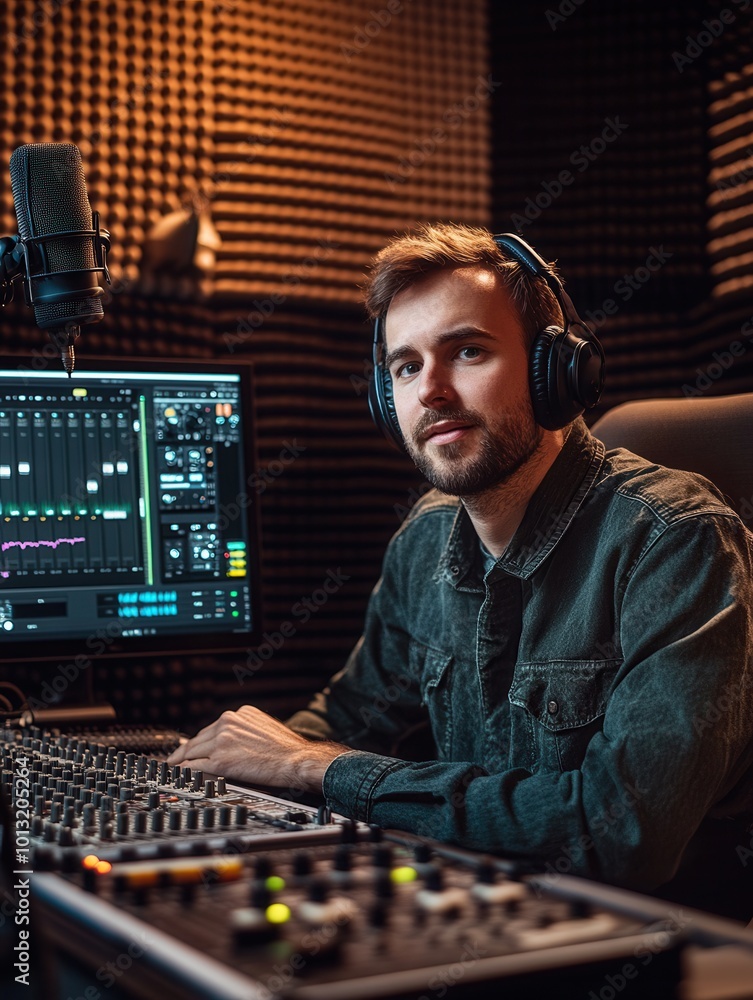 Leinwandbilder a focused podcaster is actively speaking into a microphone while adjusting controls in a well-equipp
