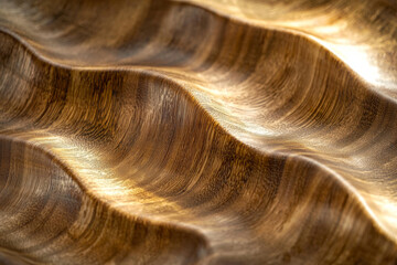 A close-up view of textured wood, showcasing flowing waves and light reflections, emphasizing natural beauty and craftsmanship.