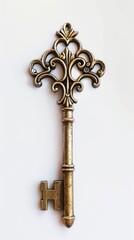 Ornate antique key, white background, 4K hyperrealistic photo