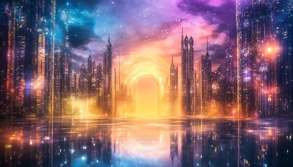Fototapeta premium Frontal view of a vibrant fantasy cityscape, illuminated by ethereal lights and surreal architecture, magical ambiance