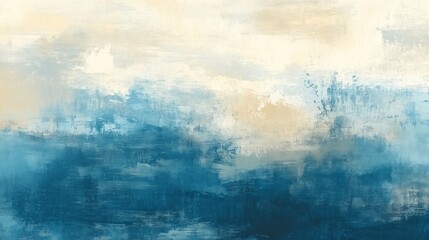 Abstract painting with shades of blue and yellow, resembling a landscape with clouds and sky.