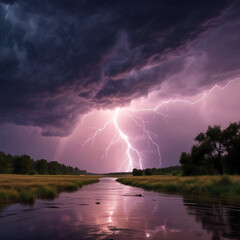 Landscape photography of natural disaster, storm with lightning and flood scenario.