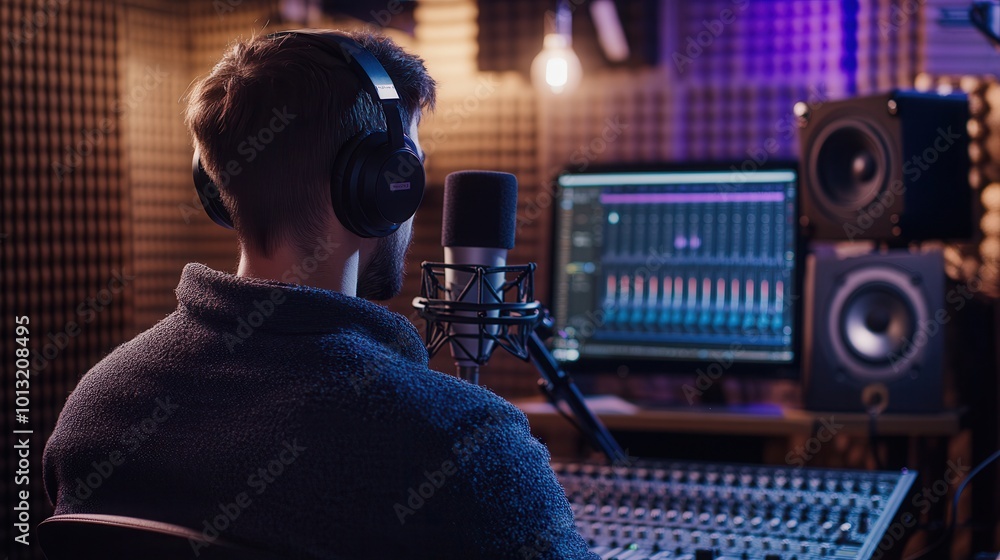 Aufkleber A podcaster wearing headphones speaks into a microphone while monitoring audio levels in a soundproof studio environment. Generative AI
