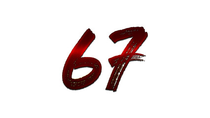 3D blood red number design of 67 on white background.