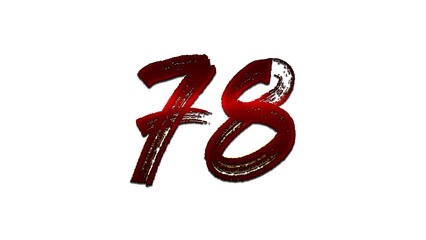 3D blood red number design of 78 on white background.