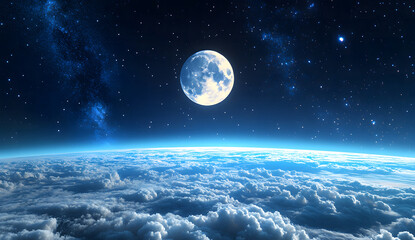 Fototapeta premium Bright Full Moon Above Clouds and Starry Night Sky, Mesmerizing Celestial Landscape, Tranquil and Mystical Atmosphere for Nighttime Themes design