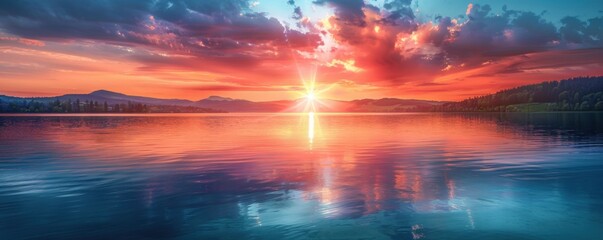 Fototapeta premium Lake with a vibrant sunset and calm waters, 4K hyperrealistic photo,