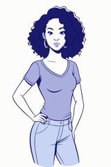 Young Woman with Curly Hair in Confident Stance Captured in Vector Illustration

