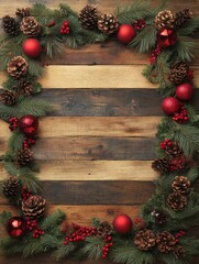 A festive arrangement of pinecones, red ornaments, and greenery on a wooden background.