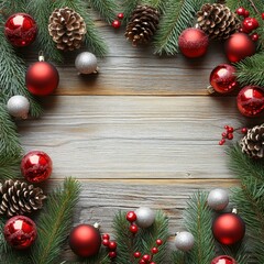 A festive arrangement of red and silver ornaments, pinecones, and greenery on a wooden background.