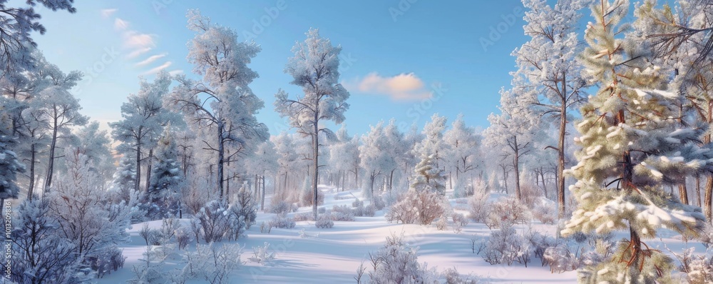 Sticker Winter forest with a dusting of snow and clear blue sky, 4K hyperrealistic photo,