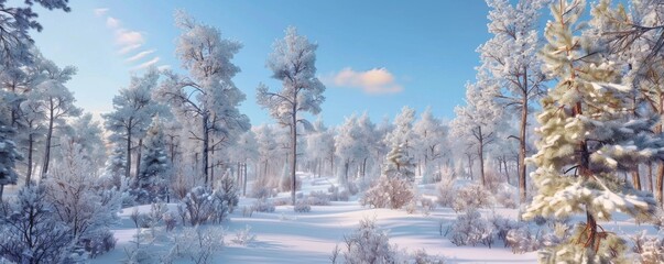 Obraz premium Winter forest with a dusting of snow and clear blue sky, 4K hyperrealistic photo,