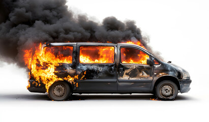 Fototapeta premium Burning van with flames and smoke design, isolated on a blue background design