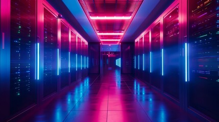 Fototapeta premium An illuminated corridor in a modern data center with vibrant neon lights creating a futuristic atmosphere.