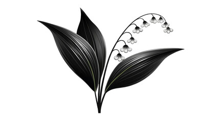 Fototapeta premium In front of a transparent background stands a delicate lily of the valley with small white bell-shaped flowers and dark green leaves. The elegant composition emphasizes the elegance of the flower.AI