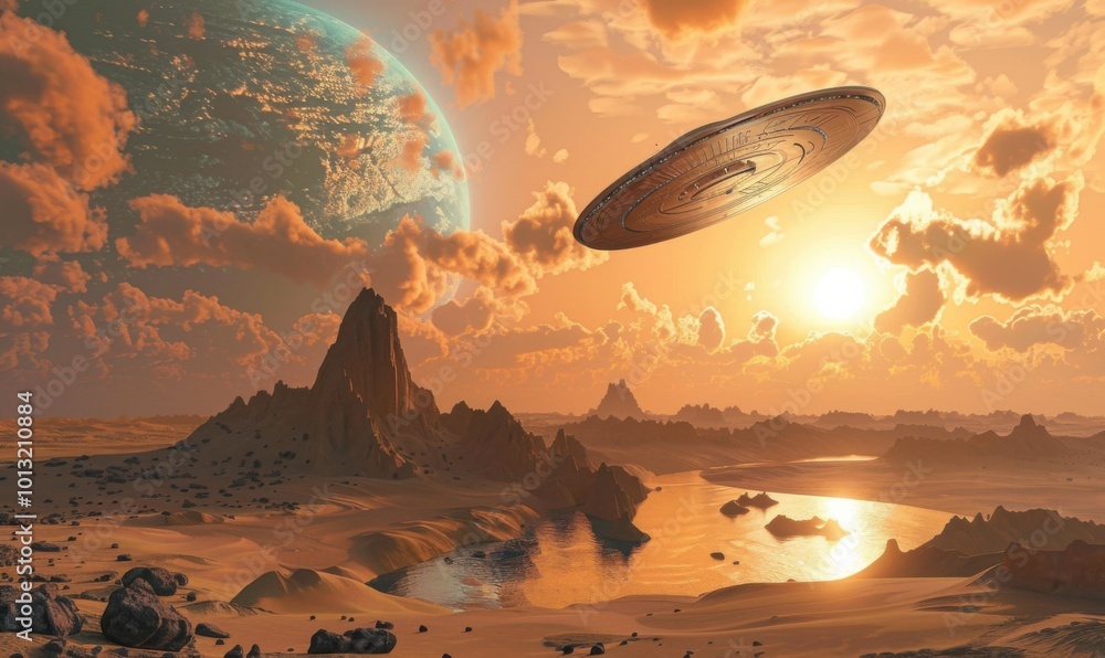 Canvas Prints mysterious spaceship landing on an alien planet, 4k hyperrealistic photo.