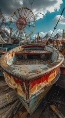 Forgotten carnival rides in decay, 4K hyperrealistic photo