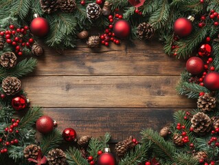 A festive wreath adorned with red ornaments and pinecones on a wooden background.
