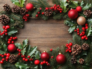 A festive wreath made of pine branches, holly, pine cones, and red ornaments on a wooden background.