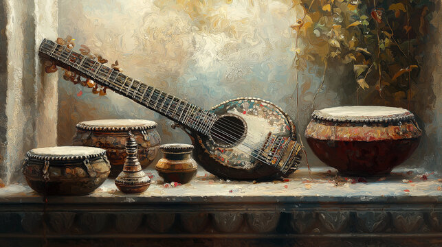 An artistic portrayal of Indian classical music instruments like sitar and tabla