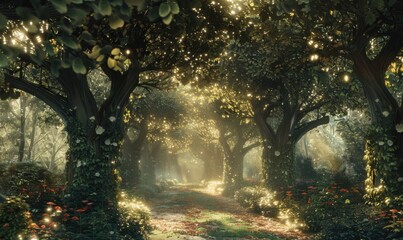 Obraz premium Elven woodland haven beneath shimmering canopies, 4K hyperrealistic photo