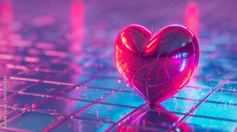 Poster 3d glossy heart on a technology abstract background with grid plane, neon sequins and copy space for