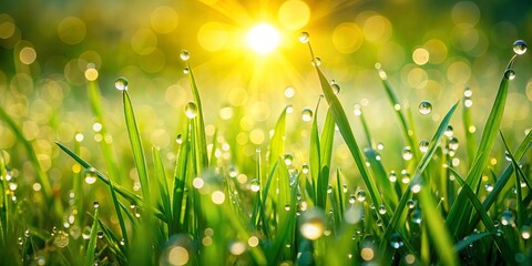 Fototapeta premium Soft sunlight dances on vibrant green grass, dotted with sparkling dewdrops. This enchanting landscape captures the