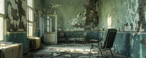 Deserted hospital with broken furniture and peeling paint, 4K hyperrealistic photo,