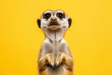 A charming meerkat stands upright against a vibrant yellow background, showcasing its curious expression.