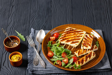 Grilled Greek Halloumi Cheese on sticks, top view