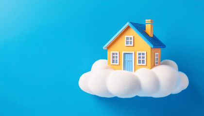 Colorful toy house on a cloud against a blue background.