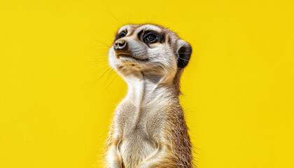 Fototapeta premium A close-up of a meerkat against a vibrant yellow background, showcasing its curious expression and distinctive features.