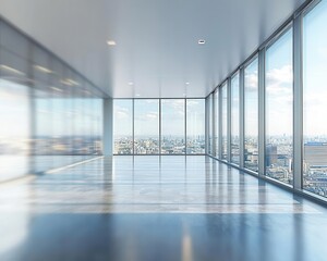 Obraz premium Blurred image of a contemporary office space, featuring clean architectural details and expansive floor-to-ceiling windows, conveying a sense of movement and depth