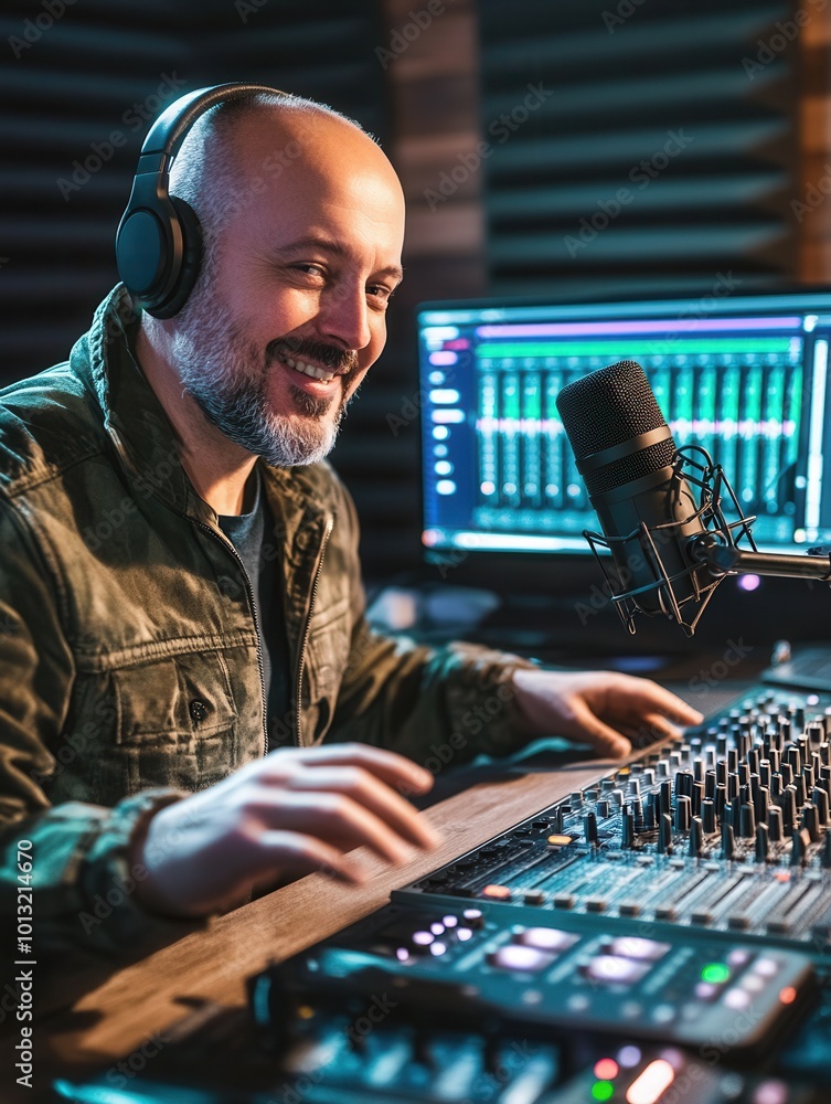 Poster a podcaster joyfully engages with the audience while adjusting audio levels in a well-equipped studi