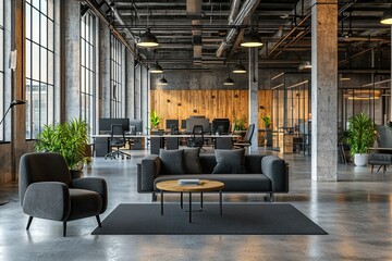 Fototapeta premium modern office interior design with an open space and a wooden desk, a sofa lounge area, and a glass wall in a black color background. Minimalist style interior concept idea for a business work environ