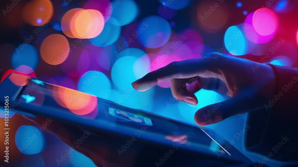 Poster hands browsing on a tablet with colorful bokeh lights, showcasing modern technology and digital inno
