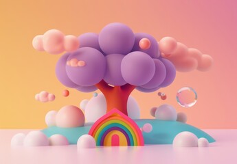 Cute 3D Cartoon Style House Tree with Bubbles on Pastel Frame
