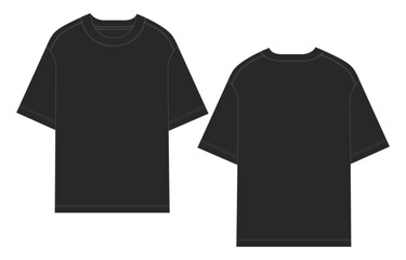 Short sleeve T shirt Technical Fashion flat sketch vector illustration  Black color template front and back views. Clothing design mock up for men's isolated on white background.