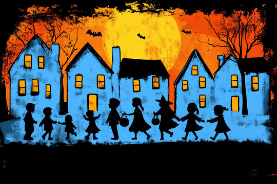 illustration d'halloween, silhouettes, enfants, maisons, rue, noir, orange, jaune, lune, arbres, d&eacute;guisements, chauve-souris