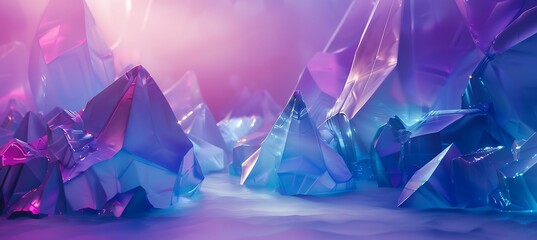 Enchanting Abstract Crystals Glimmering Against a Deep Purple Geometric Background, Creating a Stunning Visual Harmony of Shapes and Colors.