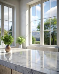 Fototapeta premium in the foreground there is a close-up of a white marble table, in the background there is a blurred background of a large window with a beautiful view and indoor plants on the windowsill