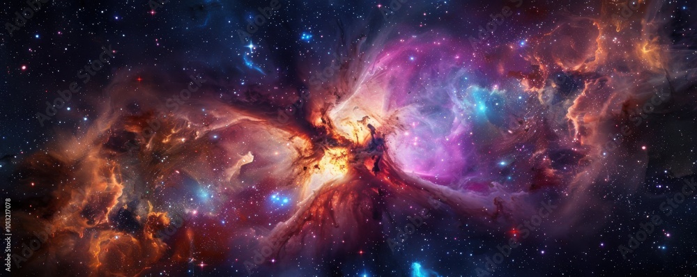 Poster pulsating conical space blast with colorful nebulae, 4k hyperrealistic photo