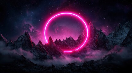 Neon mountains under a glowing pink moon in space with vibrant star nebulae and fog silhouettes of zodiac signs