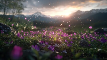 Fototapeta premium surreal landscape filled with glowing plants and distant mountains in equidistant projection creating an imaginative scene