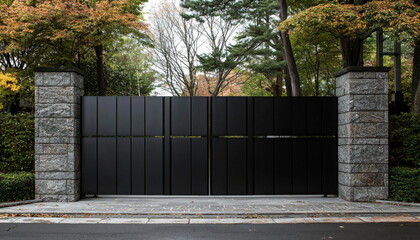A modern black gate flanked by stone pillars, set in a landscaped area with trees, suggesting privacy and elegance.
