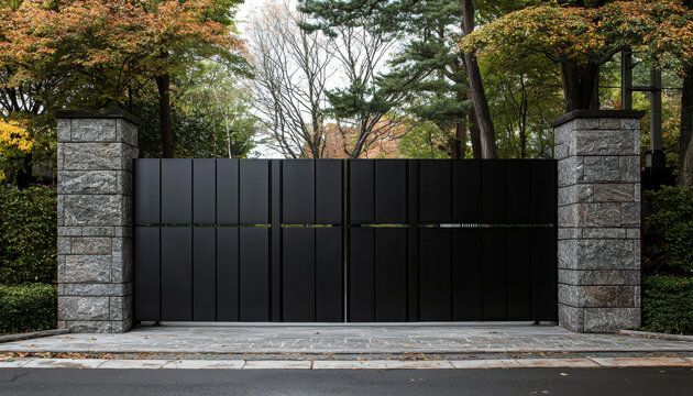 A modern black gate flanked by stone pillars, set in a landscaped area with trees, suggesting privacy and elegance.